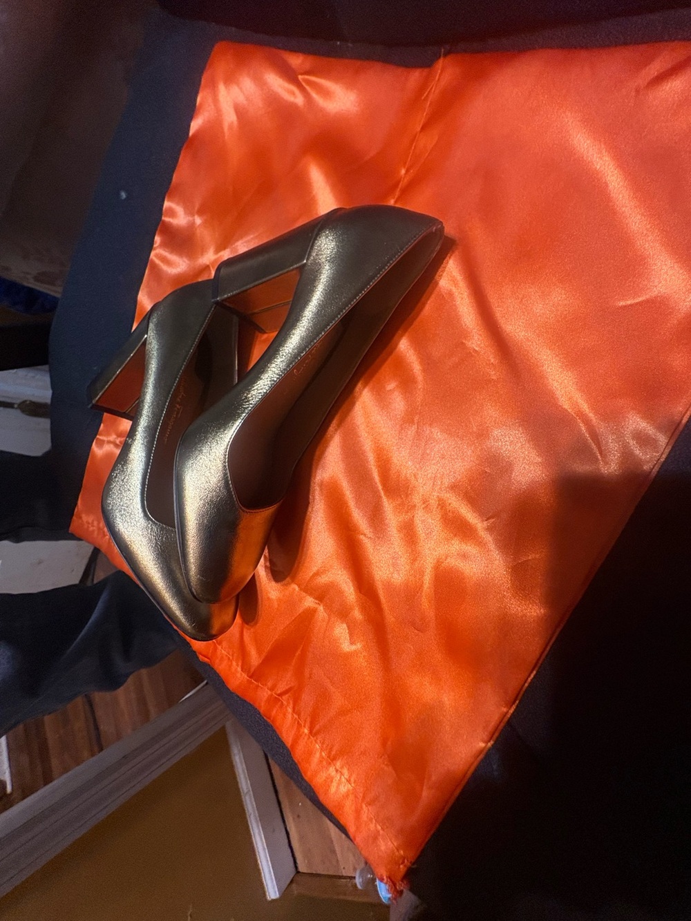 Salvatore Ferragamo Metallic Bronze Block Heel Pumps